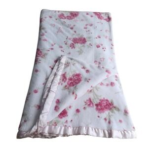 SHABBY CHIC Pink Rose Floral Plush Blanket Satin Ruffle Trim Twin Sz Cottagecore